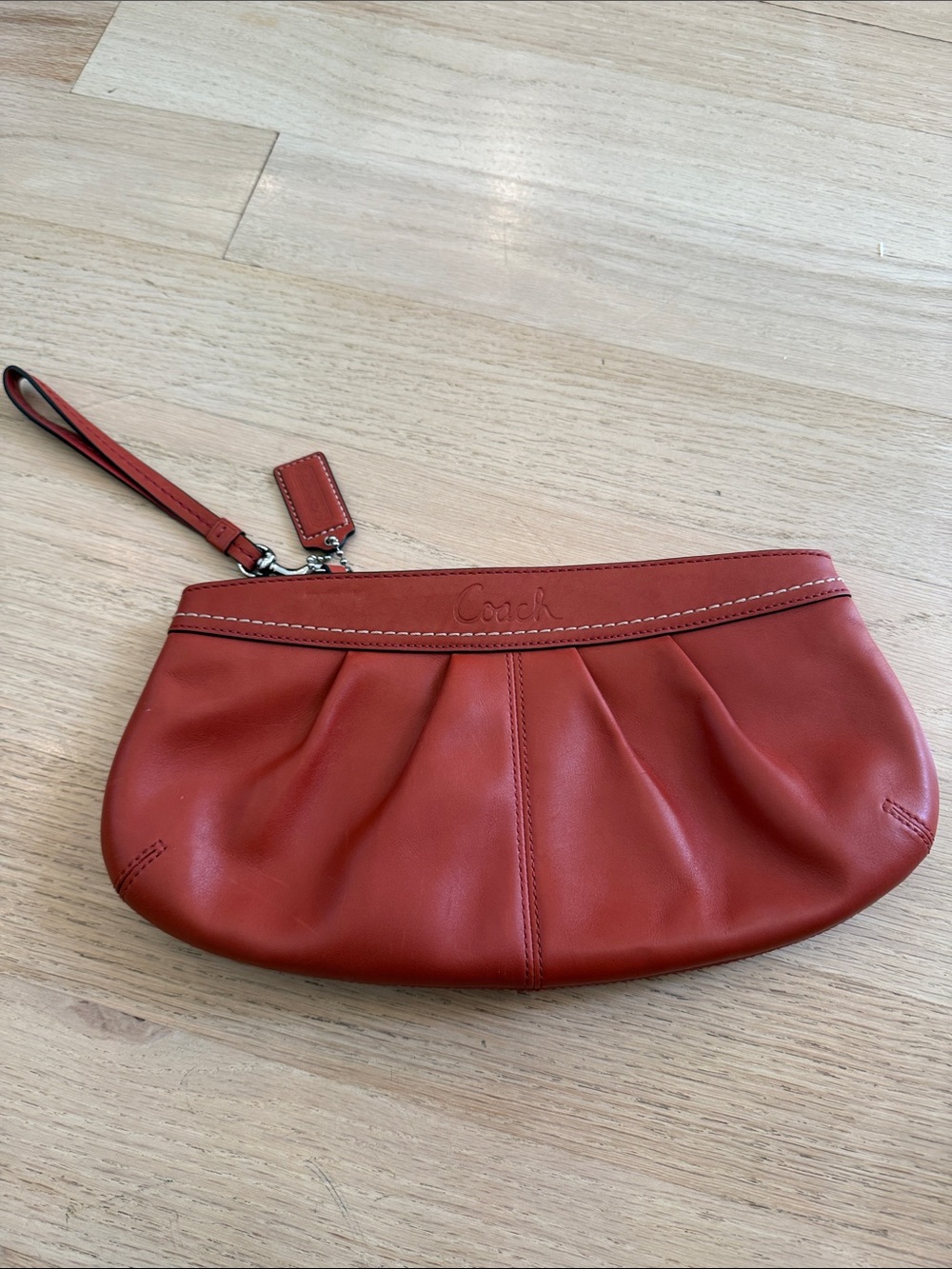 Coach Orange Leather Pleated Wristlet with Strap